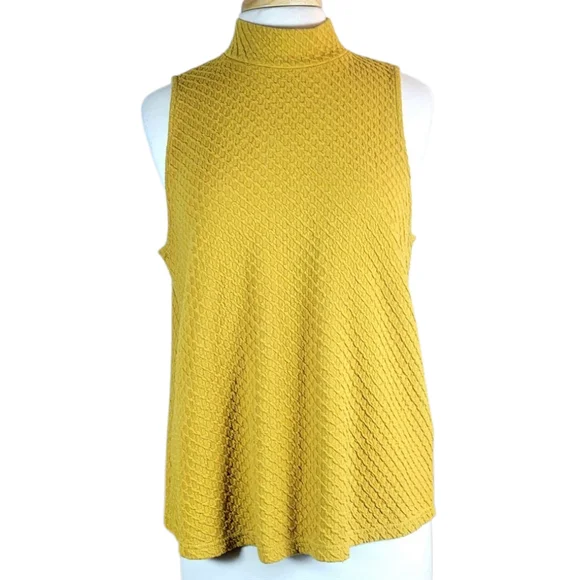 ERI + ALI Anthropologie Textured Mustard Yellow Sleeveless Mockneck Button Top L - Picture 3 of 9